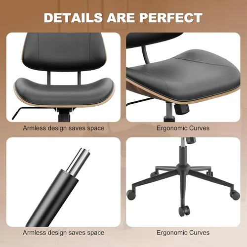 Miniatura 4 de Silla de oficina sin brazos con ruedas, silla de escritorio de piel sintética de altura ajustable, silla de computadora ergonómica giratoria de 360°