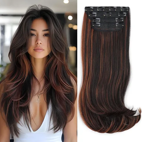 Miniatura 9 de FREEMEIGE 4 piezas de extensiones de cabello con clip, extensiones de cabello largas y gruesas con capas rectas de 20 pulgadas, extensiones