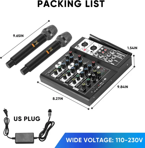 Miniatura 8 de Mezclador de audio de 4 canales, mezclador de karaoke con micrófonos inalámbricos duales, tablero de sonido profesional, consola de mezcla de DJ