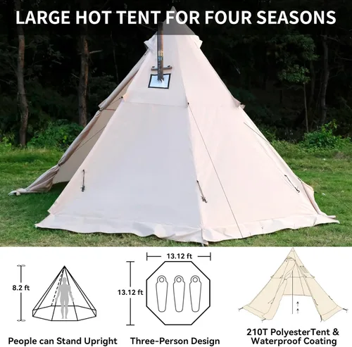 Miniatura 2 de Hot Tent with Stove Jack, 4 Season 3-4 Person Tipi Tent for Camping, 8.2ft Standing Room with Snow Skirt, Cold Weather Shelter for Family Fishing