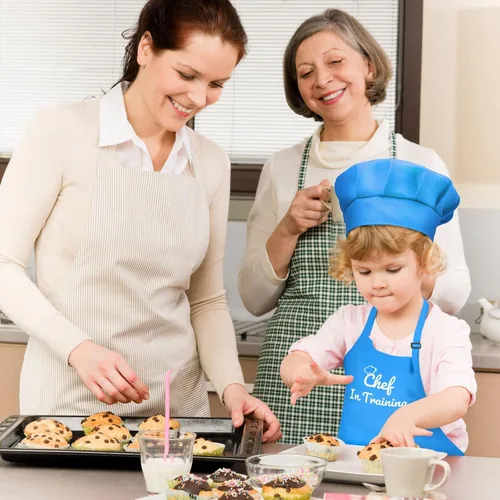 Miniatura 3 de Juego de delantal y sombrero de chef con bolsillos, delantal infantil para niños y niñas, para cocinar, cocina, delantales ajustables Azul