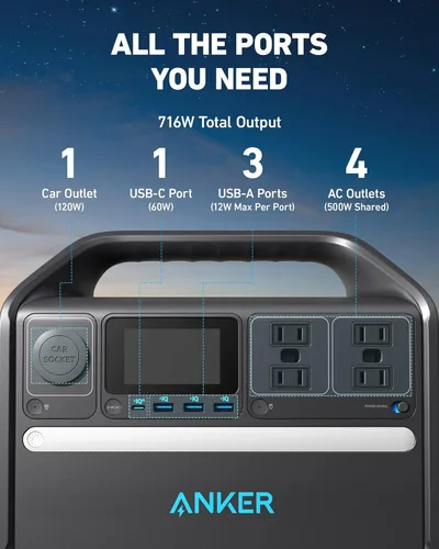 Miniatura 7 de Anker Generador solar 535, potencia de 512 Wh con panel solar de 100 W, estación de energía con LiFePO4, 4 salidas de CA de 110 V, salida USB-C PD