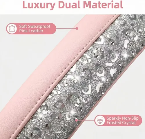 Miniatura 4 de Funda de volante rosa con diamantes de imitación, protector antideslizante de cuero con purpurina para volante de automóvil, ajuste universal