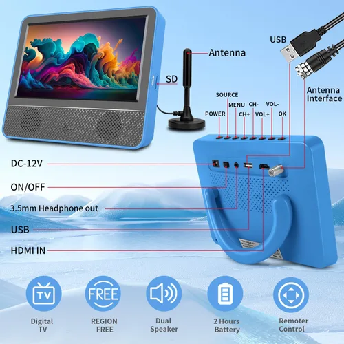 Miniatura 4 de Jexiop Mini TV portátil de 7 pulgadas y pantalla IPS 1080P, sintonizador digital ATSC, salida de auriculares, puerto USB/TF, entrada HDMI, DC-12V