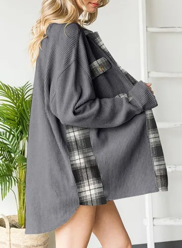 Miniatura 4 de SHEWIN Chaqueta de punto gofre para mujer, diseño a cuadros, con botones, holgada, de manga larga