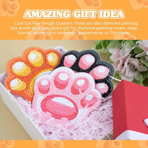 Miniatura 6 de MVVMTOP 6 posavasos de pintura de diamantes con soporte dimensional, formas especiales de bricolaje con forma especial de pata de gato, kits de arte