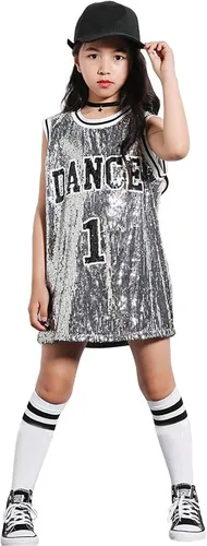 LOLANTA Ropa de baile Hip Hop para niñas, vestido de lentejuelas para niños, camiseta larga sin mangas, disfraz de jazz, camiseta de animadora