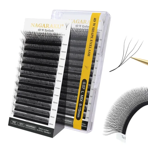 Miniatura 375 de NAGARAKU Extensiones de pestañas Double Tips 4D W, suministros con puntas dobles, gruesas con rizado D de 0.07 mm, bandeja mixta 8-15 mm, 0.07-D