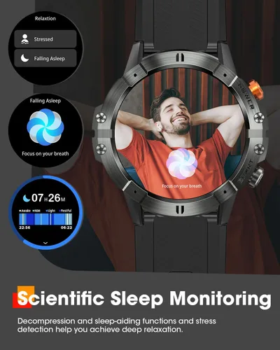 Miniatura 4 de Relojes inteligentes para hombre (impermeable/llamada/respuesta), reloj inteligente militar con frecuencia cardíaca, oxígeno, presión, monitor