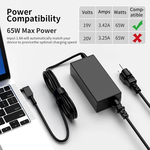 Miniatura 5 de Cargador para portátil de 65 W compatible con Acer Aspire 5 3 1 A515-54 A315-24P Chromebook N15Q8 N15Q9 N16P1 C738T C740 PA-1450-26, Swift 3, Spin 1