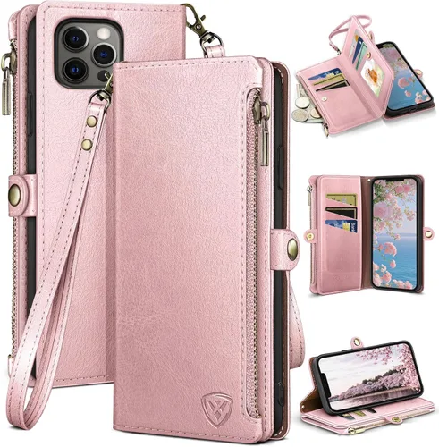 Miniatura 13 de XcaseBar Funda tipo cartera compatible con iPhone 13 Pro de 6.1 pulgadas con cremallera y tarjetero de crédito con bloqueo RFID, funda de piel