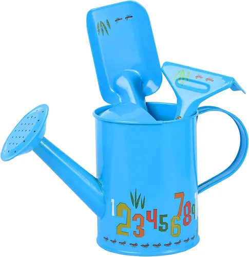 Sungmor Juego de regaderas pequeñas, bonito kit de jardinero | El paquete incluye 3 regaderas de números azules y paleta y rastrillo herramientas de