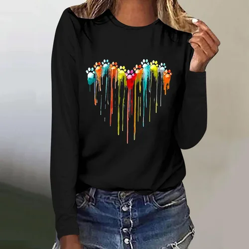 Miniatura 2 de Dog Paw Love Heart Print T-Shirt for Women Long Sleeve Cute Graphic Tees Tops Crewneck Shirts