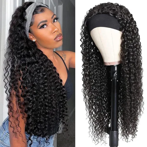 Miniatura 33 de Peluca de cabello humano con diadema de ondas profundas, sin pegamento, pelucas de cabello rizado sin encaje frontal, pelucas de cabello humano