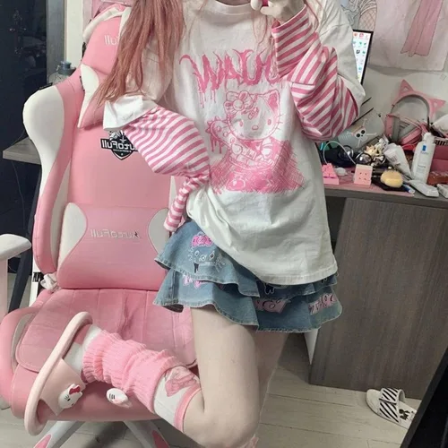 Miniatura 4 de Camisetas de manga larga de anime para mujer, retazos, Kawaii Harajuku, falsas de dos piezas góticas