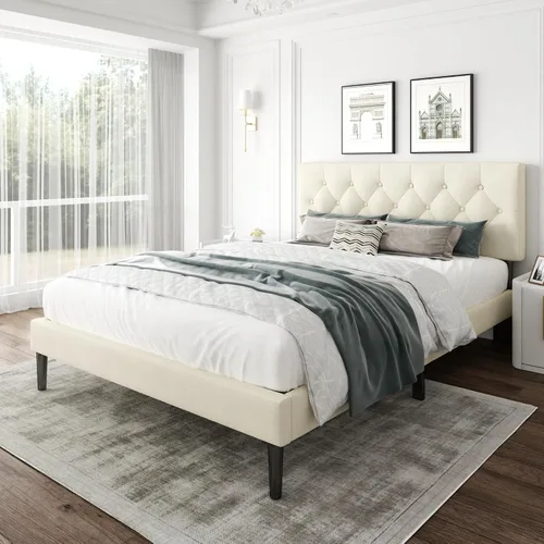 Miniatura 3 de CXVX Marco de cama de tamaño matrimonial con estructura de plataforma y cabecera tapizada, diseño con botones, listones de madera resistentes,