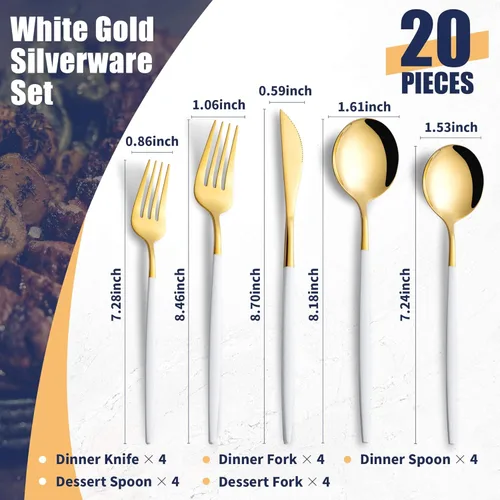 Miniatura 2 de Juego de cubiertos de acero inoxidable de 20 piezas, color oro blanco, para 4 personas, incluye tenedores, cucharas, cuchillos, utensilios