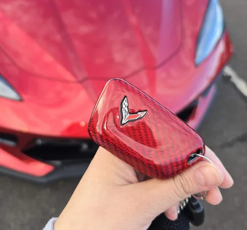 Miniatura 6 de iJDMTOY Funda para llavero de fibra de carbono color rojo brillante, compatible con Chevrolet 2020 en adelante C8 Corvette Stingray Smart Key