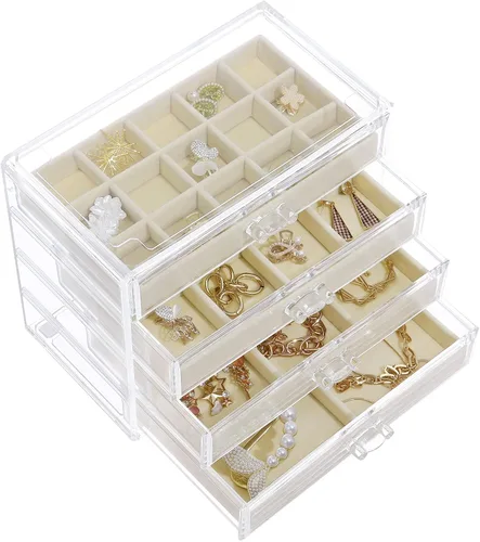 misaya Organizador de aretes con 4 cajones, caja organizadora de joyas acrílicas de 31 ranuras para mujer, regalo para mamá, color crema
