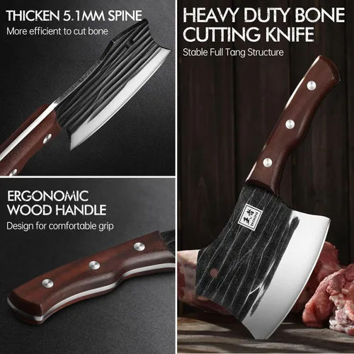 Miniatura 6 de ENOKING Cuchillo de carnicero de 5.7 pulgadas, cuchillo forjado a mano resistente para huesos con mango de madera, cuchillo de carnicero de espiga