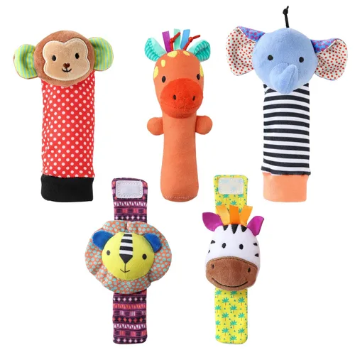 The Peanutshell Sock Rattles - Juego de 5 calcetines de sonajero para niñas y niños, juguetes para bebés de 0 a 6 a 12 meses, animales recién