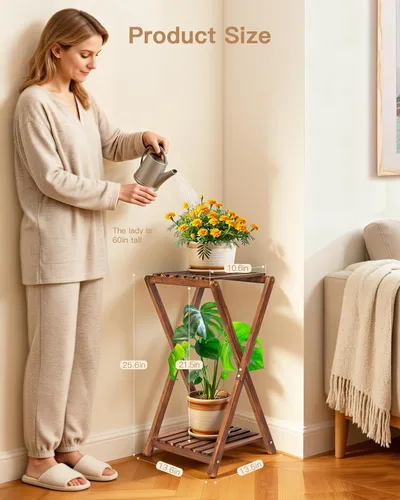 Miniatura 2 de Soporte para plantas de interior, soportes de madera de 2 niveles para plantas, estante cuadrado de esquina, soporte rústico para flores, soporte