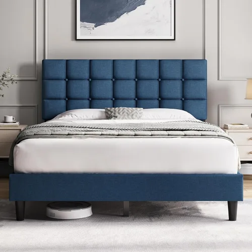 Miniatura 11 de Yaheetech Marco de Cama Tapizado, Plataforma de Cama Queen Moderna con Cabecera de Capitoné con Costuras Cuadradas y Botones, Altura Ajustable, Beige