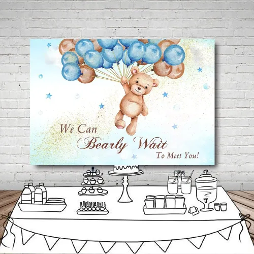 Miniatura 4 de MEHOFOND Telón de fondo de baby shower con texto en inglés "We Can Bearly Wait to Meet You" de 10 x 7 pies, globos azules y marrones, purpurina