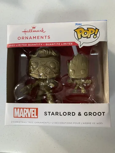 Miniatura 2 de Hallmark Adornos de Marvel (Guardianes de la Galaxia Star-Lord y Groot Funko POP!, juego de 2) – Variante de oro de Chase limitada