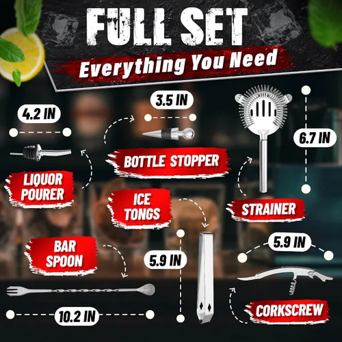 Miniatura 3 de Juego de bar y coctelera (10 piezas) - Kit de barman de mezcla de acero inoxidable con agitador, jigger, colador, mezclador, cuchara, pinzas
