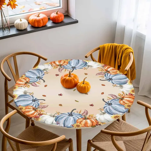 Miniatura 33 de Mantel redondo ajustado con diseño floral de mandala aguamarina, estilo étnico bohemio con borde elástico, impermeable, mantel circular de flores