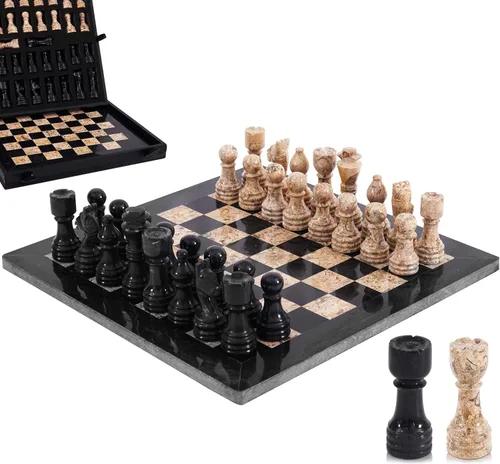 Juego de ajedrez de mármol para adultos de 12 pulgadas, tablero hecho a mano negro y coral con 32 piezas de ajedrez, 2 reinas adicionales y caja de