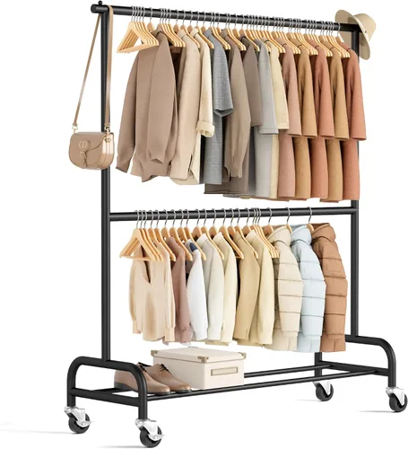 MISSLO Perchero resistente para colgar ropa, perchero con ruedas para abrigo, ropa, negro mate (doble varilla)