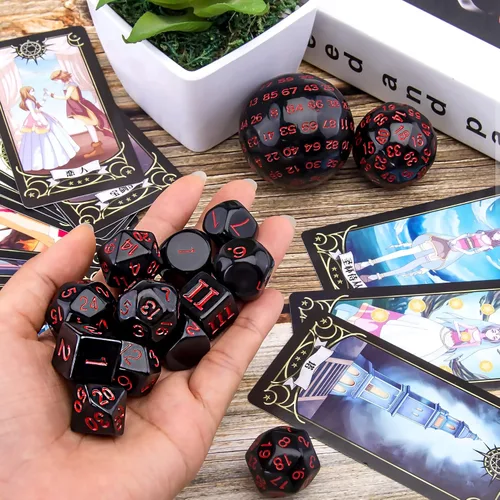 Miniatura 3 de AUSTOR juego completo de 15 dados poliédricos D3-D100 con bolsa de almacenamiento de cuero con cordón para juegos de mesa de rol (negro y rojo)