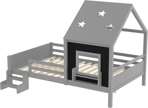 Miniatura 5 de Marco de cama de tamaño matrimonial para niños con escaleras, bonito techo y ventana en forma de estrella para niños y niñas, cama de plataforma