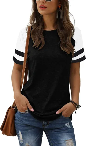 Adibosy Camisetas casuales de verano para mujer blusa tipo túnica, de manga corta, a rayas, para mujer, con cuello redondo