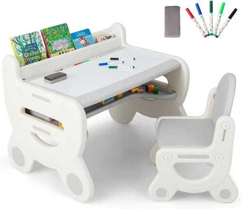Miniatura 13 de Costzon - Juego de mesa y silla para bebé, escritorio de actividades de plástico con pizarra, bolígrafos de acuarela, borrador de pizarra y estante