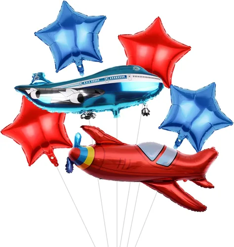 Miniatura 4 de ZHENGYE Juego de 6 piezas de decoración de cumpleaños de avión, globos azules grandes de avión, globos de papel de aluminio de mylar, globos