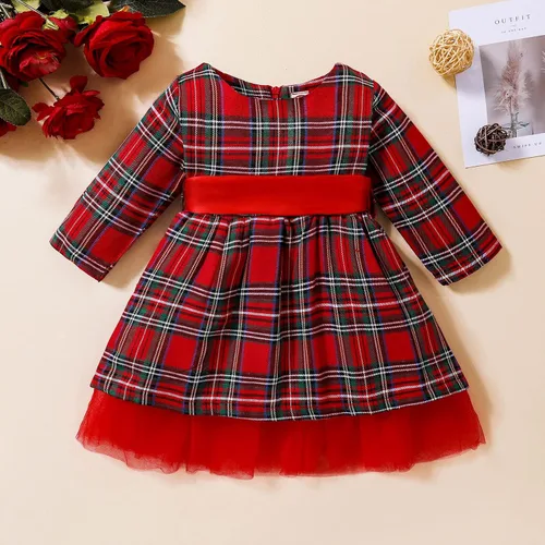 Miniatura 2 de Vestido de moda tutú para niños y niñas, traje de Navidad rojo a cuadros vestido de manga larga