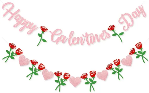 Cartel de Feliz Día de Galentine – Decoración del Día de Galentine con purpurina rosa, pancarta de guirnalda de corazón rosa para damas, niñas,