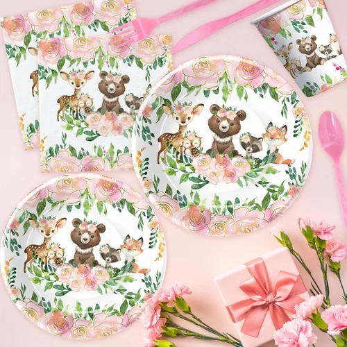 Miniatura 5 de APOWBLS Decoración de baby shower de bosque para niña, vajilla para niña, suministros de fiesta de cumpleaños con temática de animales del bosque