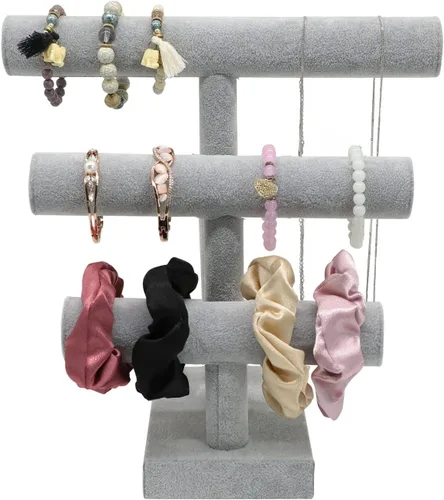 Miniatura 7 de Wudygirl Soporte de exhibición de pulsera de terciopelo de hielo con barra en T de 3 niveles extraíble para pulsera, collar, reloj, lazos