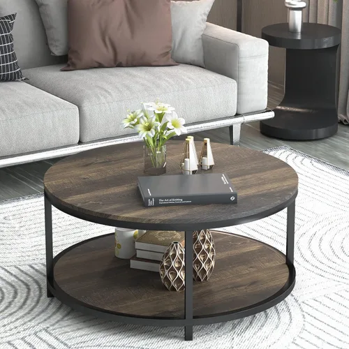 Miniatura 7 de NSdirect Mesa auxiliar redonda de 36 pulgadas, superficie de madera rústica y patas de metal resistentes, mesa industrial para sala de estar, Marrón