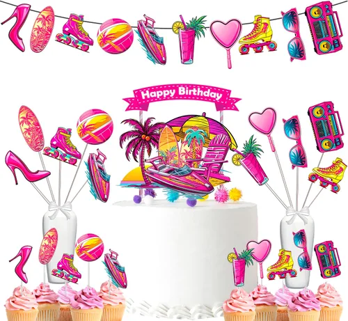 Encantador juego de decoración de fiesta de cumpleaños de muñeca rosa, brilla y celebra con estilo