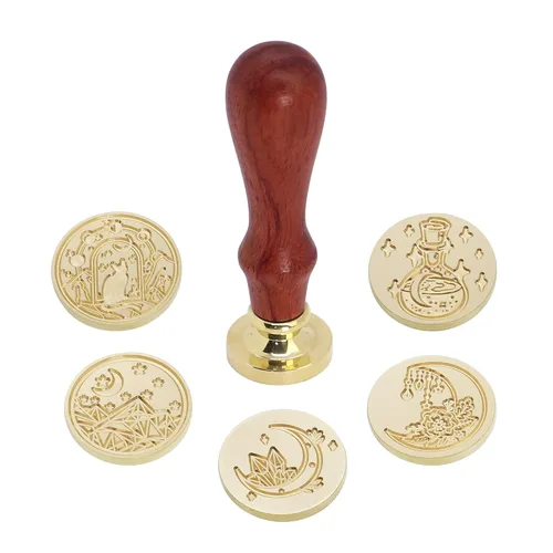 Miniatura 3 de SWANGSA Juego de sellos de cera, 6 cabezales de sello de sellado de la serie Moon vintage y 1 kit de sello de cera con mango de madera