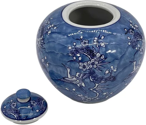 Miniatura 3 de Galt International Tarro Chinoiserie de Grúa Floral Azul y Blanco de 8" con Tapa Tarro de Jengibre Decorativo Centro de Mesa Almacenamiento de Té