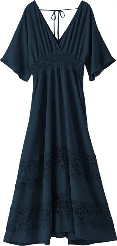 Miniatura 58 de Vestido largo de encaje para mujer de manga corta y cuello en V, vestido de fiesta estilo bohemio con cintura fruncida, vestido bohemio para mujer
