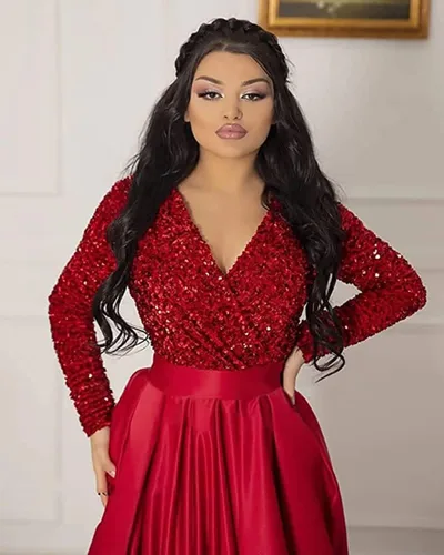 Miniatura 4 de YMSHA Vestido de fiesta de graduación con lentejuelas brillantes para mujer, con bolsillos, manga larga, satén, vestido de noche formal con abertura