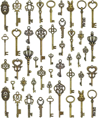 JIALEEY Dijes para llaves de esqueleto vintage, 23 tipos de 46 dijes de bronce antiguo para collares, colgantes, suministros de fabricación de