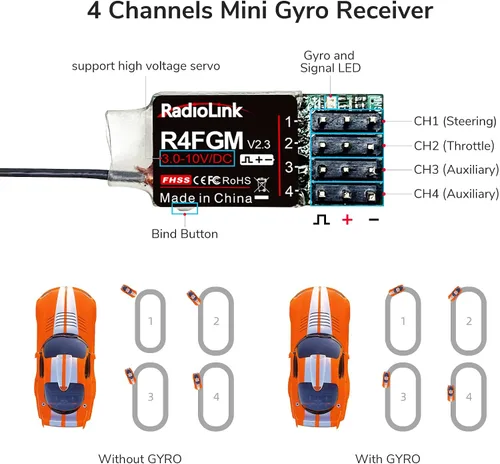Miniatura 4 de Radiolink R4FGM V2.3 2.4Ghz 4 canales RC Gyro Receptor para Mini RC Cars 1,312.3 ft Control de largo alcance para control remoto RC RC8X/RC6GS